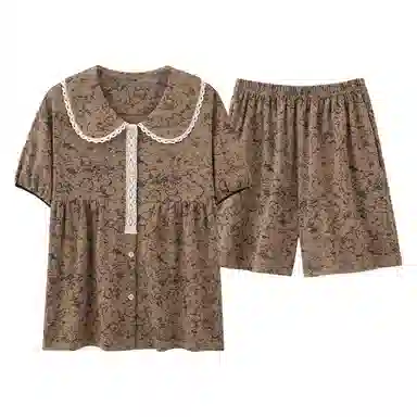 夏芬妍 简约舒适柔软复古蕾丝纯棉翻领家居服透气亲肤宽松短袖短裤可外穿睡衣套装 女款 棕色