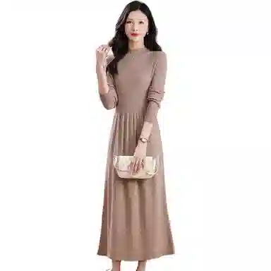 恒源祥 纯色长款针织舒适休闲长袖连衣裙 女款