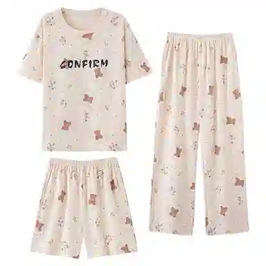 夏芬妍 简约舒适柔软碎花小熊纯棉家居服透气亲肤宽松短袖圆领套头三件套可外穿睡衣套装 女款 杏色