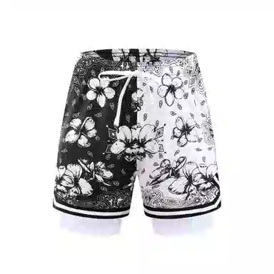 特色玫瑰蛇纹拼花透气速干凉感宽松篮球训练五分假两件裤运动短裤 男女同款