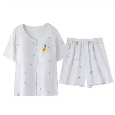 夏芬妍 甜美柔软舒适碎花蝴蝶结卡通圆领带胸垫开衫家居服凉感透气亲肤宽松短袖短裤可外穿睡衣套装 女款 蓝色