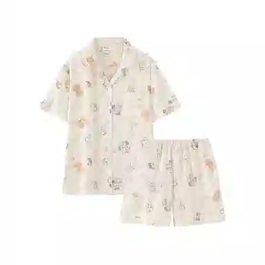 夏芬妍 柔软舒适可爱小猫咪云朵棉翻领开衫家居服亲肤休闲短袖短裤可外穿睡衣套装 女款 杏色