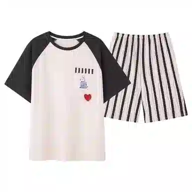 夏芬妍 简约柔软舒适爱心条纹兔子纯棉圆领家居服透气亲肤宽松短袖短裤可外穿睡衣套装 男女同款