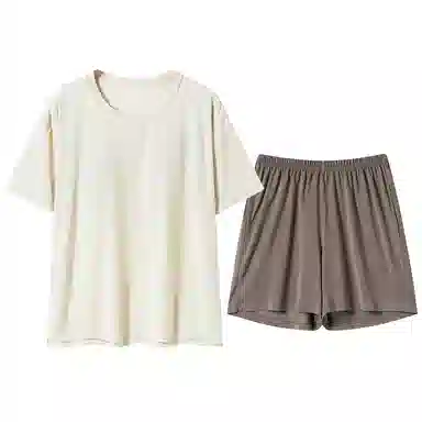 莫代尔 舒适高级感清新休闲带杯垫防凸点简约柔软透气家居服睡衣套装 女款 杏色