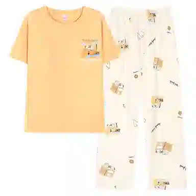 细舍 纯棉短袖长裤圆领套头可爱卡通家居服睡衣套装 女款 黄色