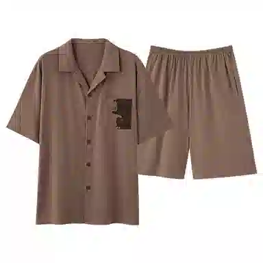 夏芬妍 简约柔软舒适纯色小猫贴袋纯棉翻领家居服透气亲肤宽松短袖短裤可外穿睡衣套装 男女同款