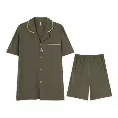 兰缪 休闲翻领纯色短袖上衣可外穿家居服五分裤睡衣套装 男款 图片色