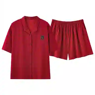 细舍 舒适纯色翻领短袖上衣家居服三分裤睡衣套装 女款 红色