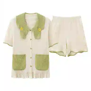 夏芬妍 甜美柔软舒适小凤梨云朵棉公主翻领家居服亲肤休闲短袖短裤可外穿睡衣套装 女款 杏绿色