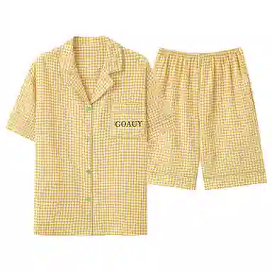 夏芬妍 柔软舒适时尚格子云朵棉翻领家居服亲肤休闲短袖短裤可外穿睡衣套装 男款 黄色