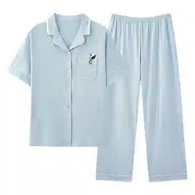 细舍 凉感舒适短袖上衣家居服长裤睡衣套装 女款 蓝色