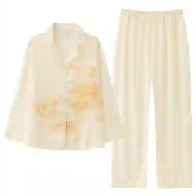 莫代尔 舒适翻领百搭亲肤细腻不易起球长袖上衣居家服可外穿长裤睡衣套装 女款 黄色