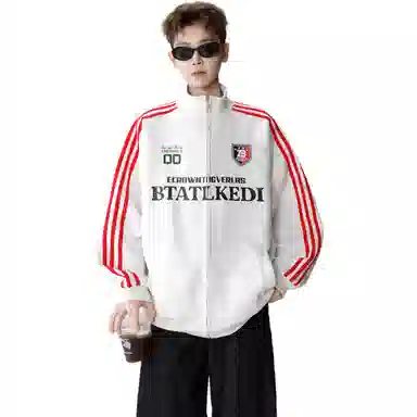 悍戈 美式潮牌高街复古重磅趣味字母徽章印花经典三条杠条纹拼接外套痞帅街头时尚潮流舒适百搭宽松立领落肩垂感直筒开衫卫衣 男女同款