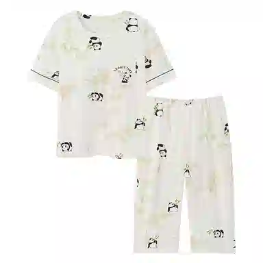 莫代尔 简约大方舒适慵懒圆领套头气质时尚亲肤百搭带胸垫短袖七分裤可外穿夏季睡衣套装 女款 米白色