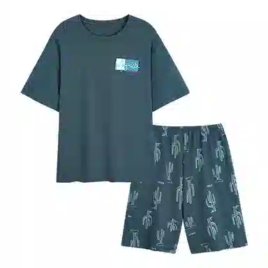 莫代尔 简约休闲透气圆领短袖上衣可外穿家居服五分裤睡衣套装 男款 孔雀绿