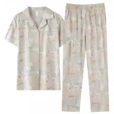 夏芬妍 简约柔软舒适花卉满印翻领短袖上衣家居服亲肤休闲可外穿长裤睡衣套装 女款 灰绿色