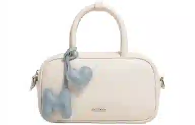 妙迪 时尚潮流 牛皮 保龄球包手提包 女款 奶油白/雾霾蓝