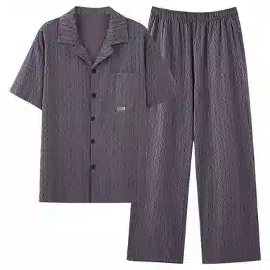 夏芬妍 简约时尚大方柔软舒适规则纹理翻领家居服亲肤休闲短袖长裤可外穿睡衣套装 男款 棕色