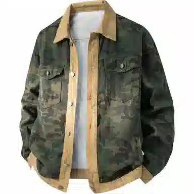 大卫贝肯 美式高街潮牌重水洗做旧迷彩假两件复古字母印花翻领宽松休闲长袖牛仔外套 男女同款