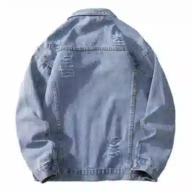 大卫贝肯 美式复古纯色基础款春秋季宽松百搭长袖翻领破洞牛仔外套 男女同款