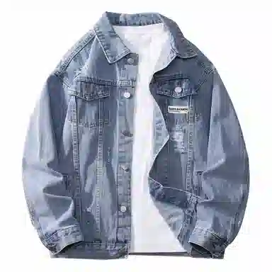 大卫贝肯 美式复古纯色基础款春秋季宽松百搭长袖翻领破洞牛仔外套 男女同款