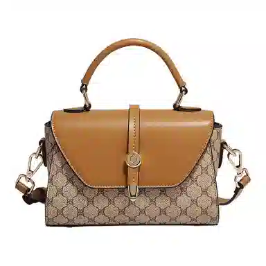 老人头 复古老花拼接撞色简约潮流 合成革 手提包 女款 卡其色