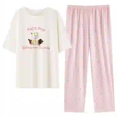 夏芬妍 柔软舒适透气亲肤俏皮小狗圆领家居服休闲宽松凉感短袖长裤时尚可外穿睡衣套装 女款 粉色