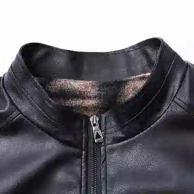 机车骑行潮牌立领加薄绒防风休闲复古纯色夹克时尚皮衣 男款 经典黑色