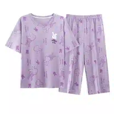 细舍 时尚休闲短袖七分裤自带胸垫家居服睡衣套装 女款 浅紫色
