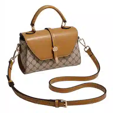 老人头 复古老花拼接撞色简约潮流 合成革 手提包 女款 卡其色