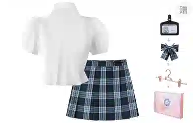 东鲸岁时记 学院风修身收腰短袖衬衫舒适格子百褶裙制服 女款 白色光穗学院衬衫（收腰）+雾霾蓝格裙（腰围可调节） 买赠送小物+裙夹+挂牌
