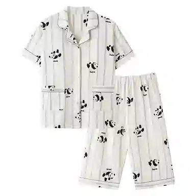 莫代尔 可外穿简约经典清新休闲时尚薄款开衫翻领短袖七分裤带杯垫一体式防凸点家居服睡衣套装 女款 白色