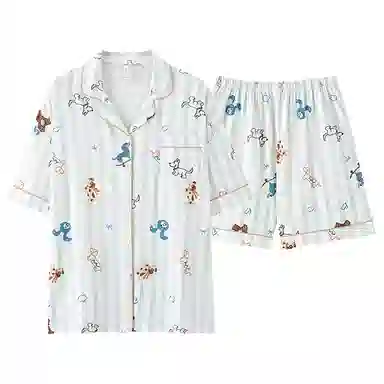 夏芬妍 柔软舒适透气亲肤童趣小狗印花翻领家居服休闲宽松凉感短袖时尚可外穿睡衣套装 女款 蓝色