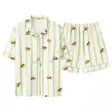 夏芬妍 柔软舒适透气亲肤条纹翻领家居服休闲短袖时尚可外穿睡衣套装 女款 绿色