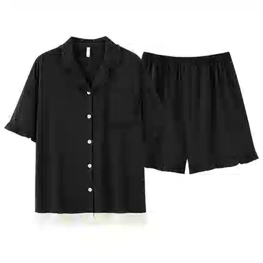 夏芬妍 柔软舒适透气亲肤纯色流苏木耳边翻领家居服休闲宽松凉感短袖时尚可外穿睡衣套装 女款 黑色