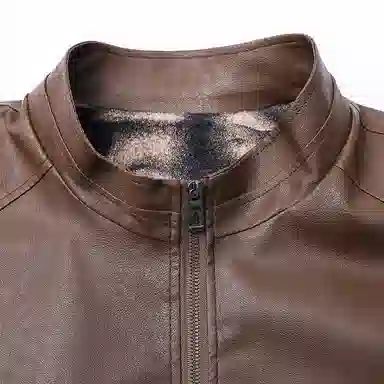 机车骑行潮牌立领加薄绒防风休闲复古纯色夹克时尚皮衣 男款 经典黑色