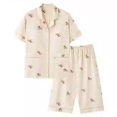 莫代尔 可外穿简约经典清新休闲薄款开衫翻领短袖七分裤带杯垫一体式防凸点家居服睡衣套装 女款 杏色