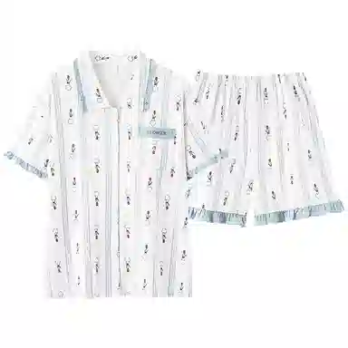 夏芬妍 柔软舒适透气亲肤条纹郁金香翻领家居服休闲凉感短袖时尚可外穿睡衣套装 女款 蓝色