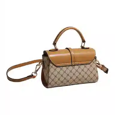 老人头 复古老花拼接撞色简约潮流 合成革 手提包 女款 卡其色