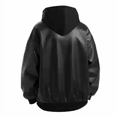 大卫贝肯 美式复古字母印花宽松休闲百搭假两件连帽皮衣 男女同款 黑色