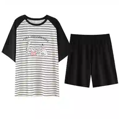 夏芬妍 柔软舒适透气亲肤条纹萌狗圆领家居服休闲凉感短袖时尚可外穿睡衣套装 女款 黑色