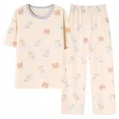 莫代尔 纯棉宽松百搭舒适圆领套头时尚轻柔亲肤透气不易起球短袖长裤可外穿夏季睡衣套装 女款 粉红色