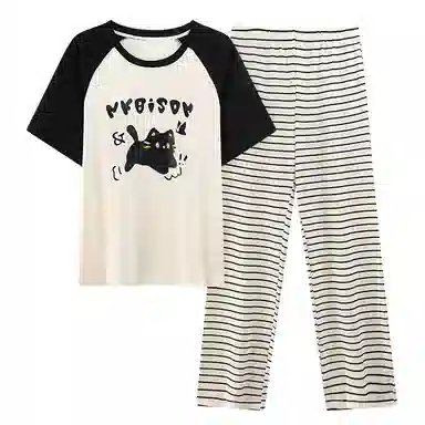 莫代尔 气质休闲简约舒适圆领套头慵懒宽松透气带胸垫短袖长裤可外穿夏季睡衣套装 女款 黑色