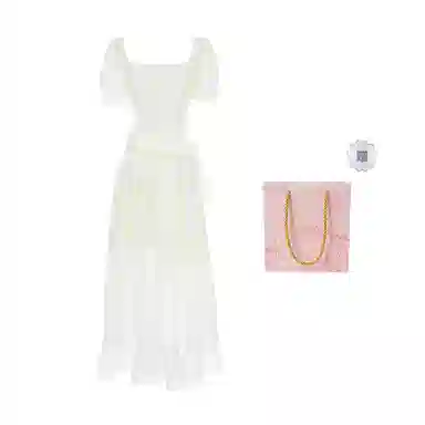 棉购 不规则荷叶边纯色短袖连衣裙 女款 杏色