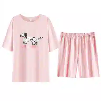 夏芬妍 柔软舒适透气亲肤条纹萌狗圆领家居服休闲凉感短袖时尚可外穿睡衣套装 女款 粉色