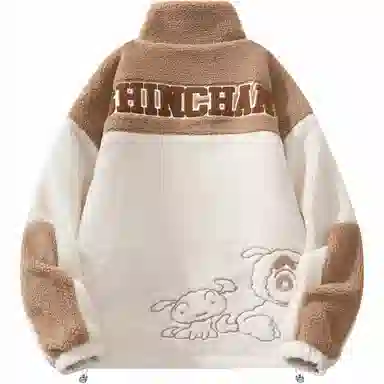 蜡笔小新 双面穿羊羔绒拼色卡通人物字母小标翻领加厚保暖休闲宽松棉服外套 男女同款