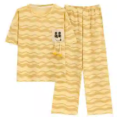 细舍 卡通可爱短袖简约薄款家居服睡衣套装 女款 黄色