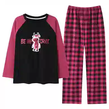 莫代尔 亲肤透气柔软圆领套头舒适宽松百搭带胸垫长袖春秋季睡衣套装 女款 紫红色