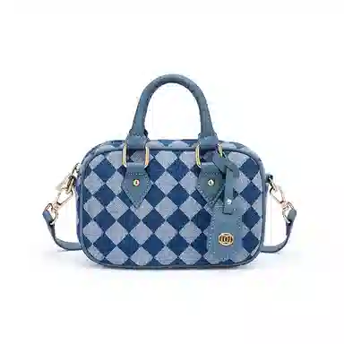 红蜻蜓 复古棋盘格 织物合成革 单肩包手提包 男女同款情侣款 牛仔蓝