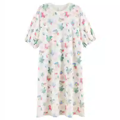 夏芬妍 柔软舒适透气亲肤萌宠油画圆领睡衣家居服休闲宽松凉感短袖时尚可外穿睡裙 女款 杏色